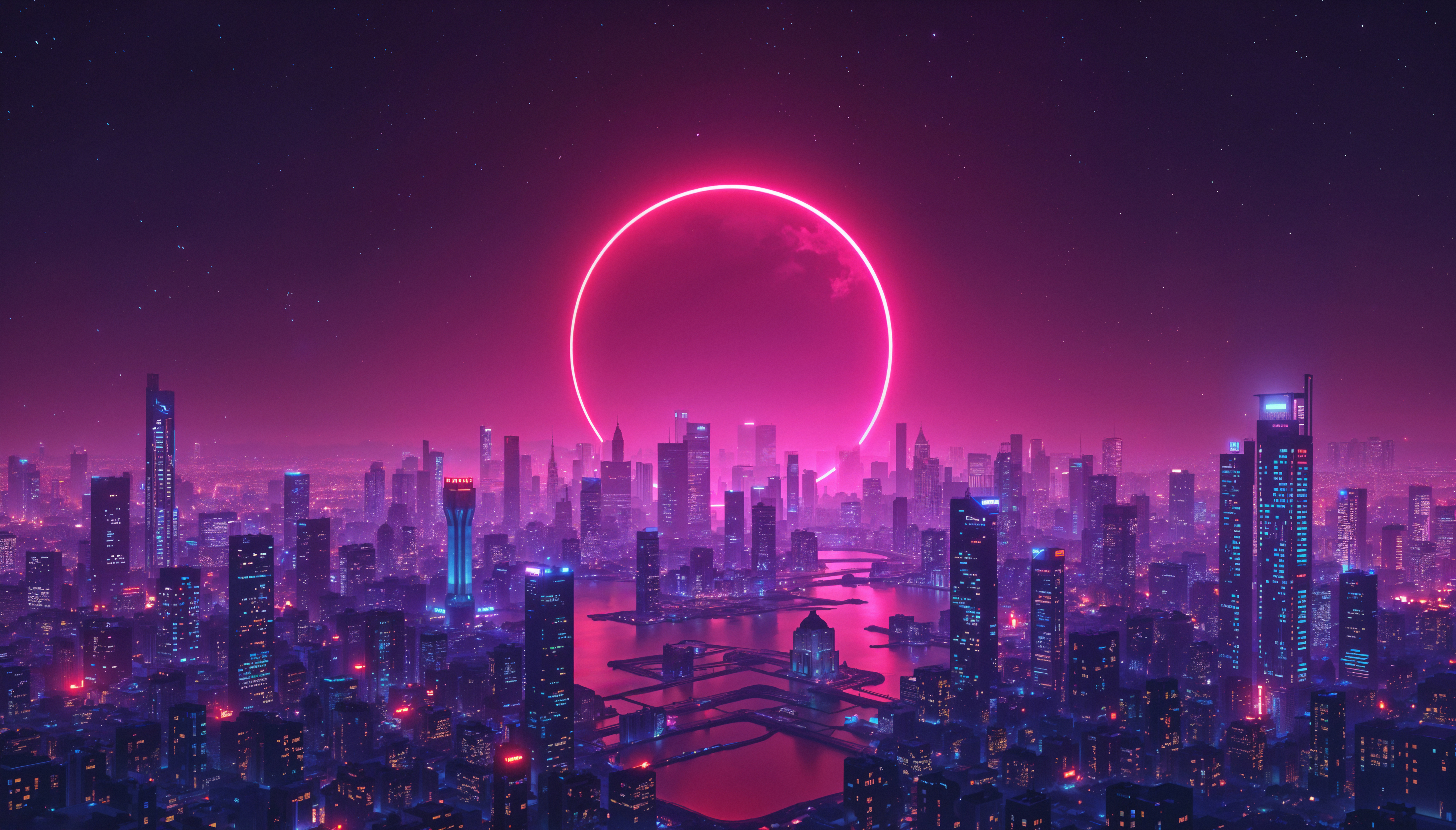 Alto da cidade com luan com cores neon no fundo
